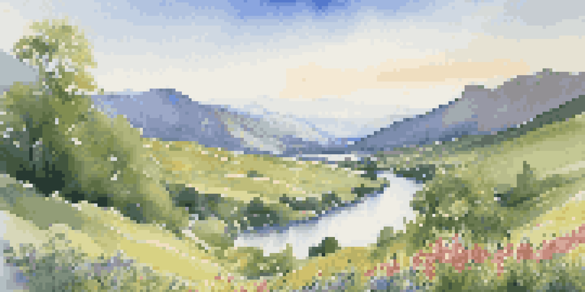 A peaceful green valley with a winding river and colorful wildflowers, set against distant mountains under a clear blue sky.