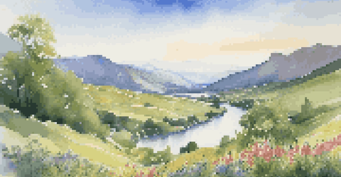 A peaceful green valley with a winding river and colorful wildflowers, set against distant mountains under a clear blue sky.