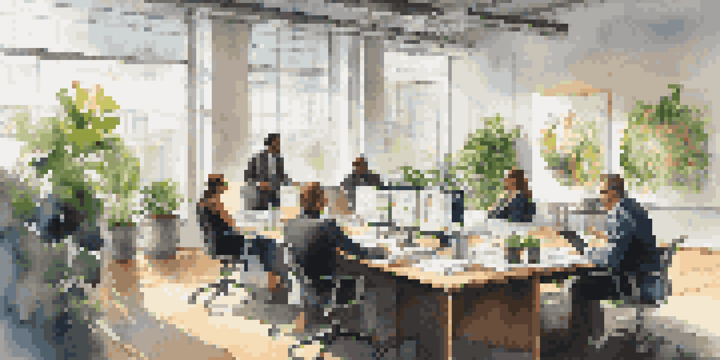 A group of professionals in a modern office discussing strategies around a conference table, with natural light coming through large windows.