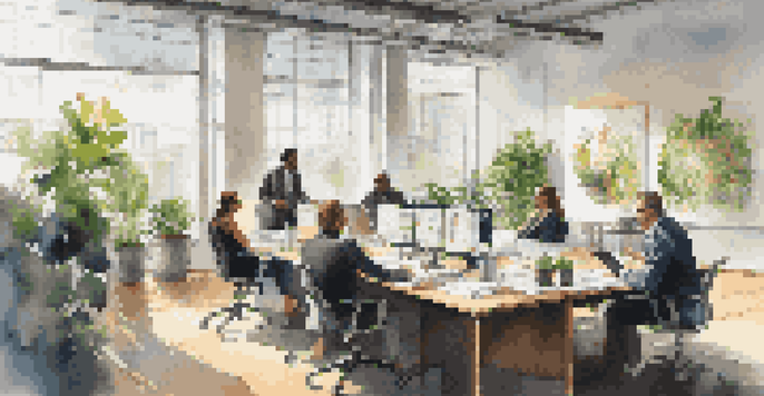 A group of professionals in a modern office discussing strategies around a conference table, with natural light coming through large windows.