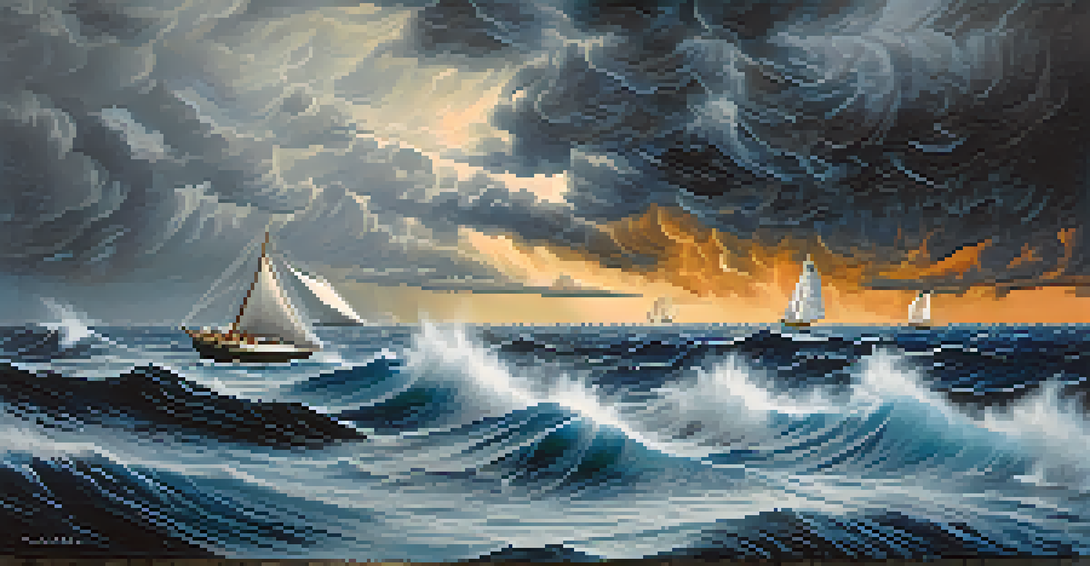 An abstract image of a turbulent ocean representing market volatility, with a sailboat navigating through waves under a stormy sky.