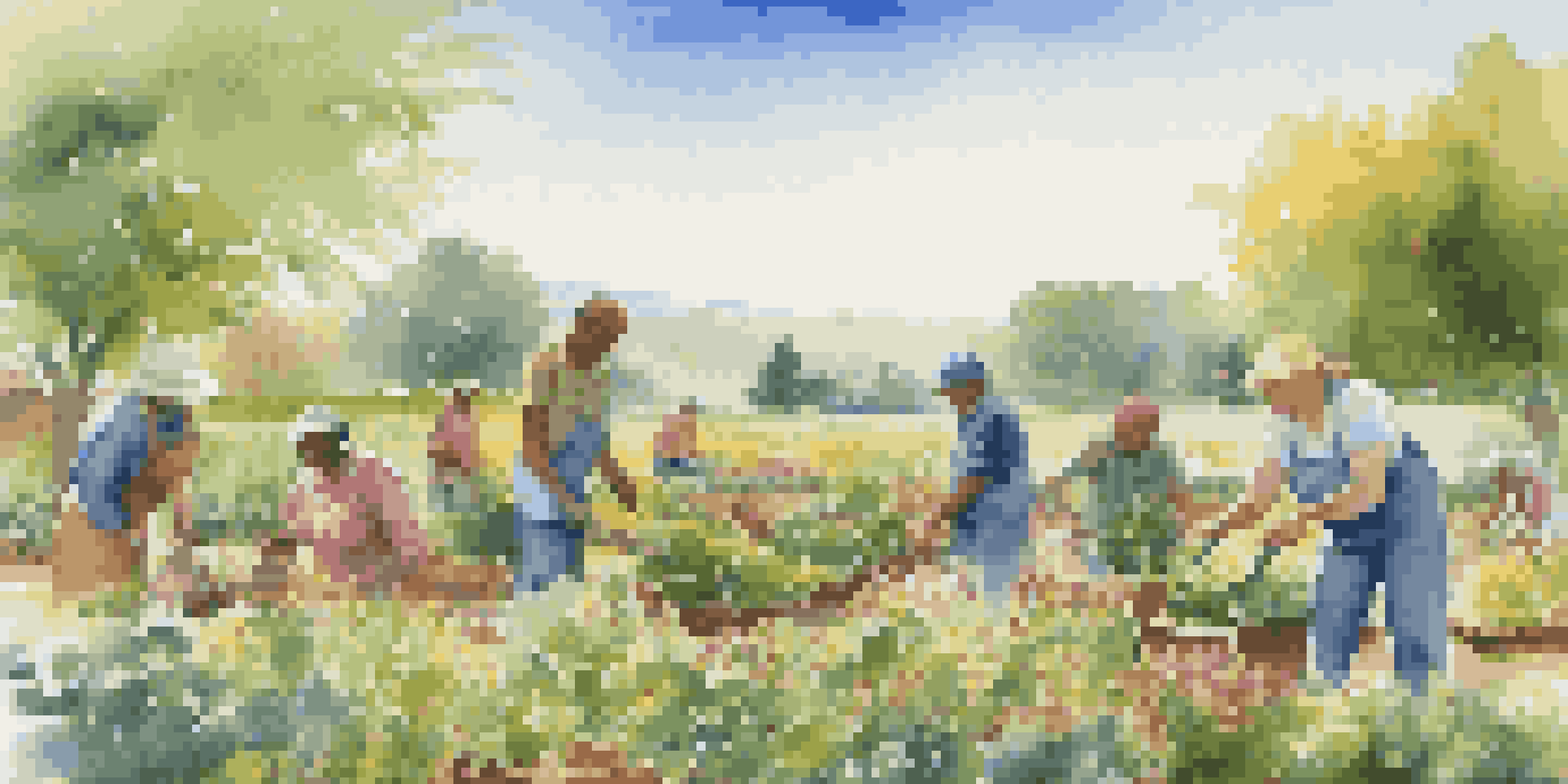 A diverse group of people working together in a community garden, surrounded by green fields and colorful plants under a blue sky.