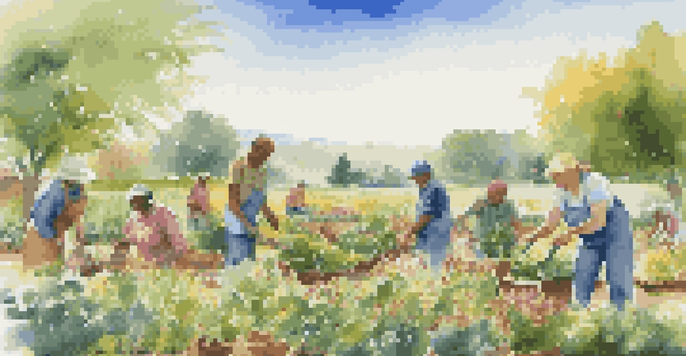 A diverse group of people working together in a community garden, surrounded by green fields and colorful plants under a blue sky.