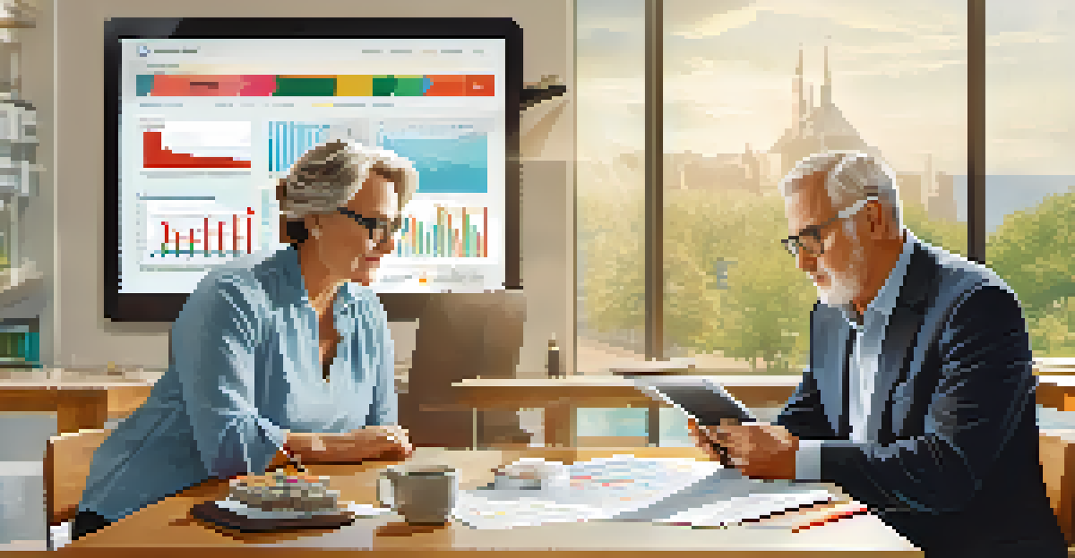 A person in their 50s discussing retirement savings with a financial advisor at a bright table, reviewing charts on a tablet.