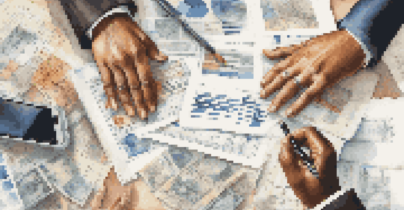 Close-up of diverse hands collaborating over financial documents and artifacts, showcasing cultural influences in investing.
