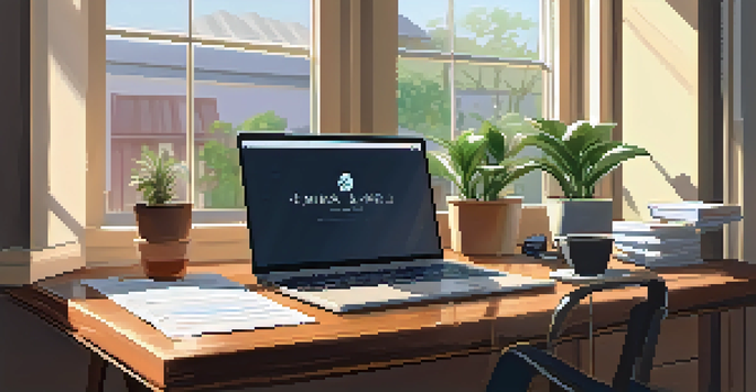 A peaceful home office with a wooden desk, laptop, plant, and coffee cup, illuminated by natural light.