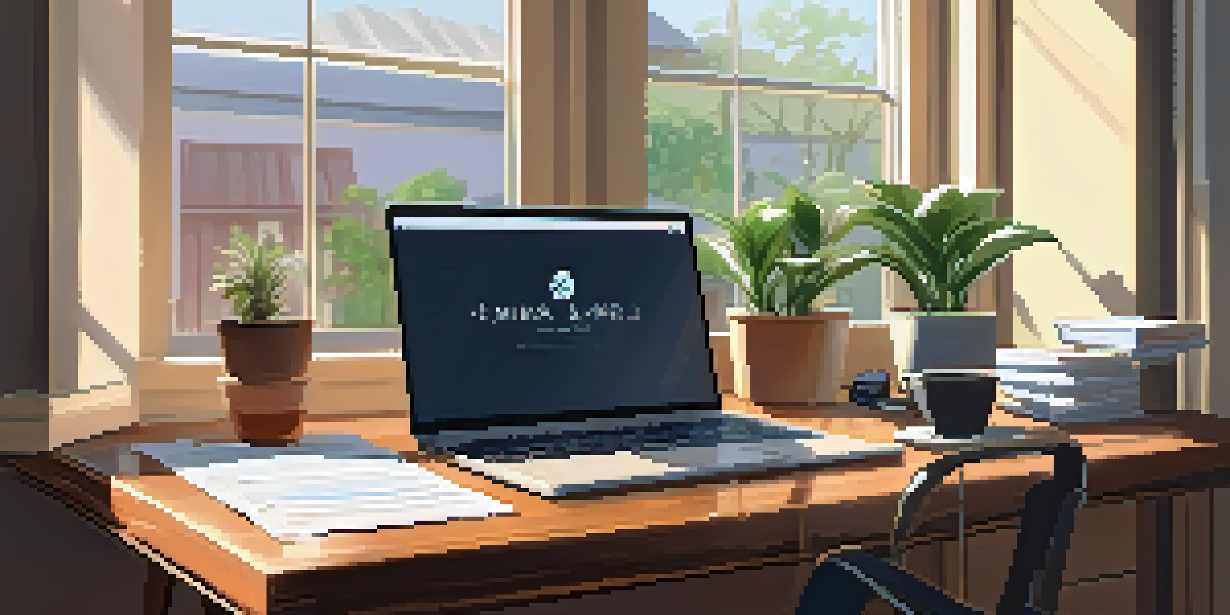 A peaceful home office with a wooden desk, laptop, plant, and coffee cup, illuminated by natural light.