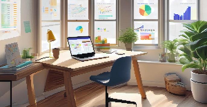 A calm workspace with a wooden desk, an open laptop showing a budgeting app, colorful charts, a potted plant, and a notepad with financial goals.