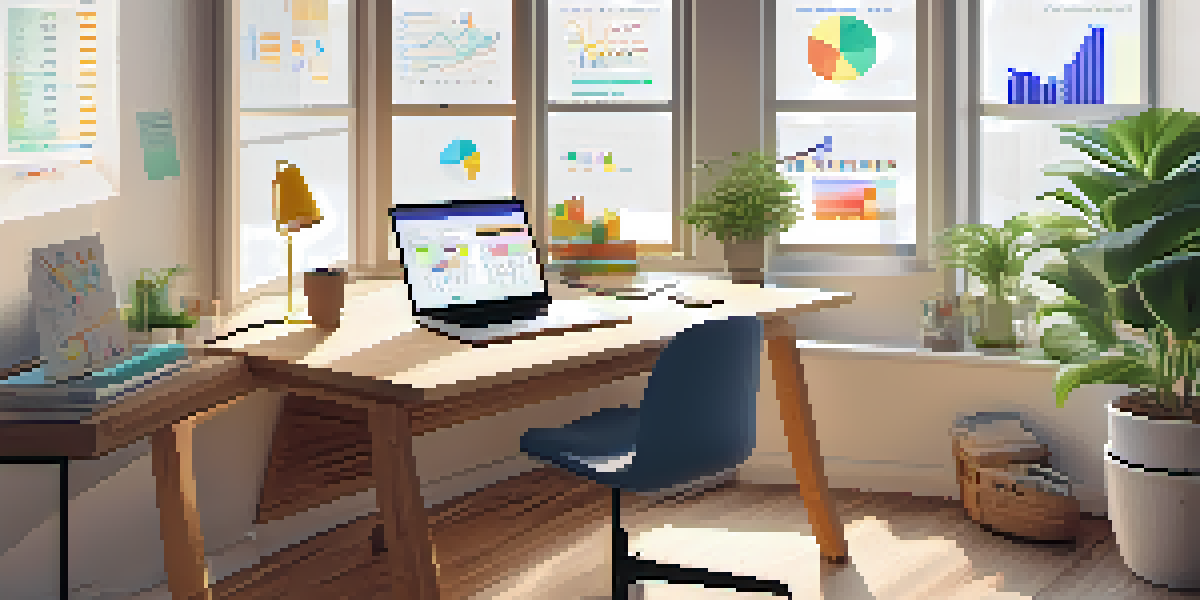 A calm workspace with a wooden desk, an open laptop showing a budgeting app, colorful charts, a potted plant, and a notepad with financial goals.