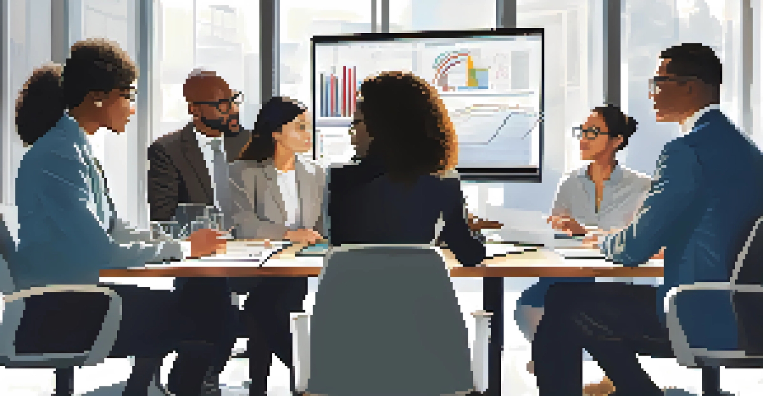 A diverse group of individuals discussing investment strategies at a table with charts and laptops.