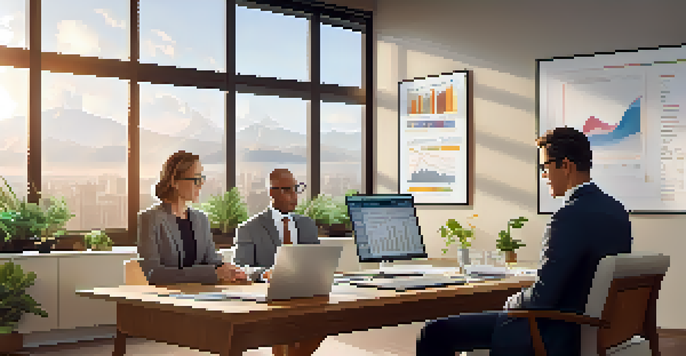 A financial advisor consulting a couple in a bright office with a laptop displaying financial charts.