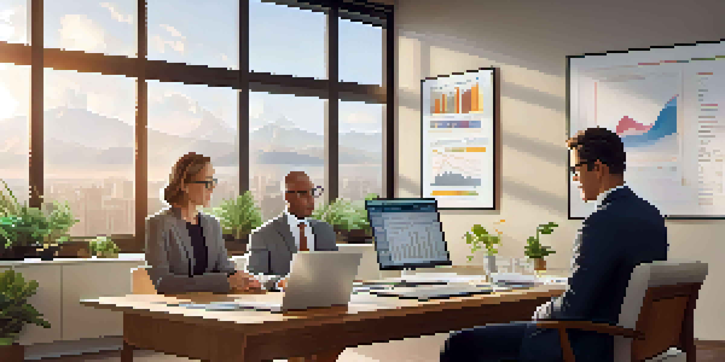 A financial advisor consulting a couple in a bright office with a laptop displaying financial charts.