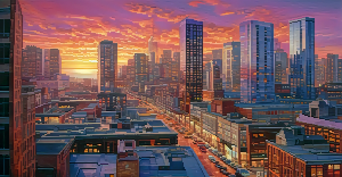 A vibrant urban skyline at sunset with a mix of residential and commercial buildings.