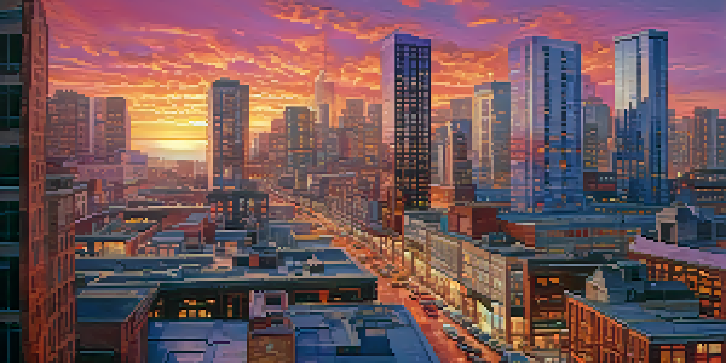 A vibrant urban skyline at sunset with a mix of residential and commercial buildings.
