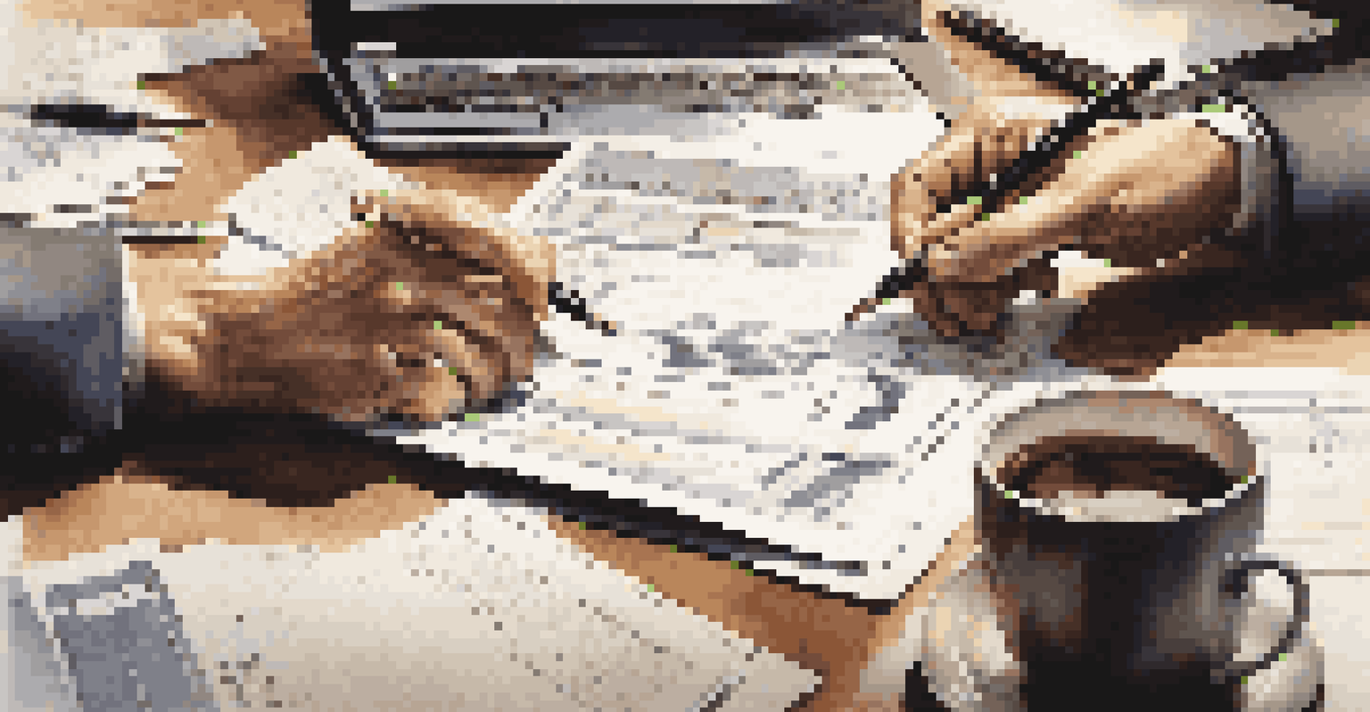Hands analyzing financial reports on a table, with a calculator and a laptop in the background, showcasing a professional atmosphere.