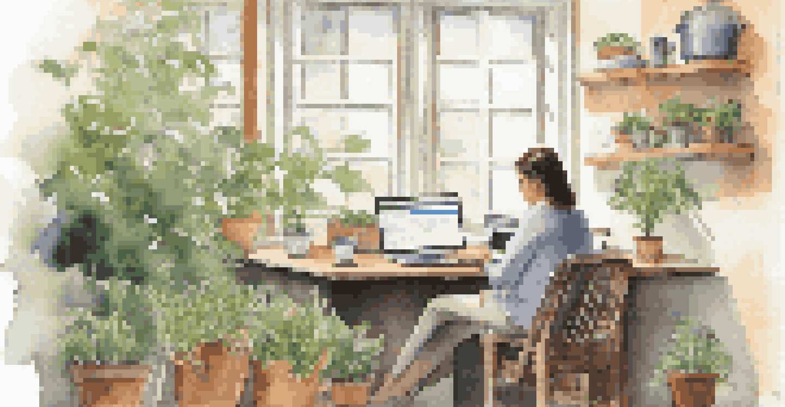 A person reading investment safety guidelines on a laptop in a peaceful environment, with plants and coffee around.