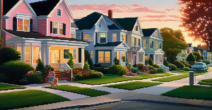 A peaceful suburban neighborhood at sunset with families enjoying the outdoors.