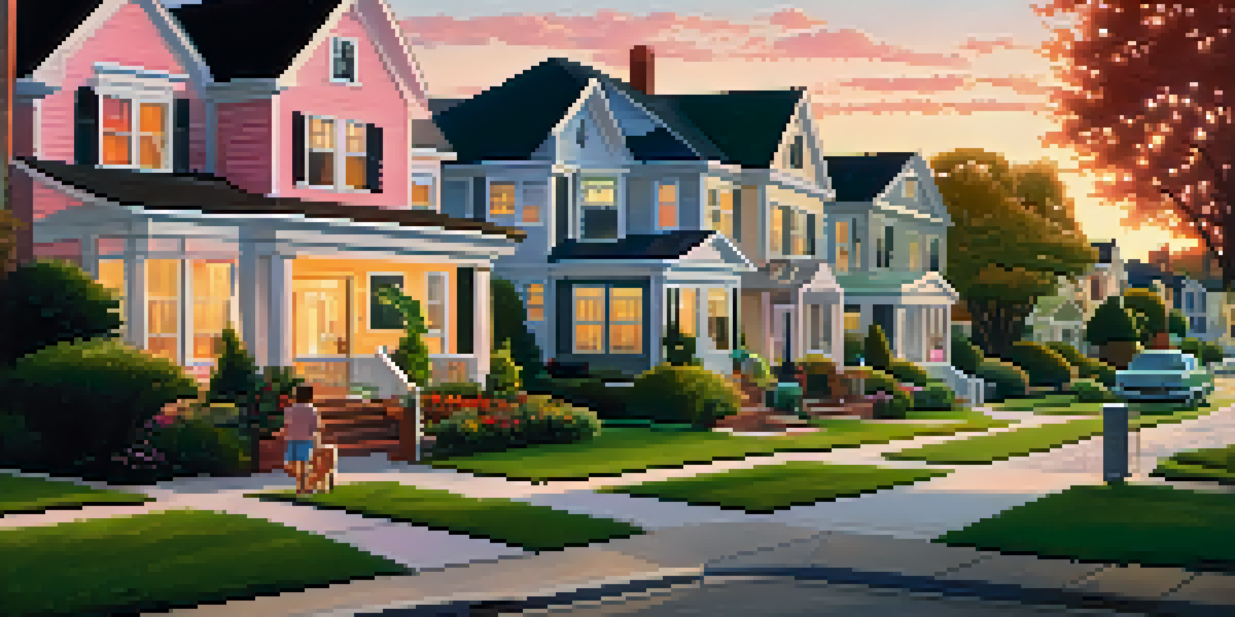 A peaceful suburban neighborhood at sunset with families enjoying the outdoors.