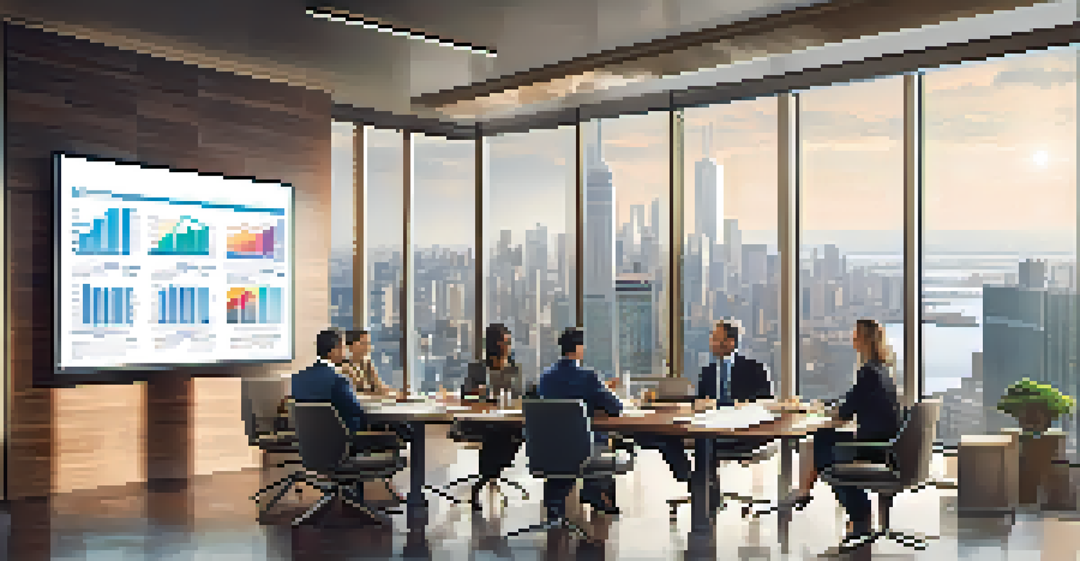 A business meeting with diverse professionals discussing strategies, with charts displayed on a screen and a city skyline visible through a window.