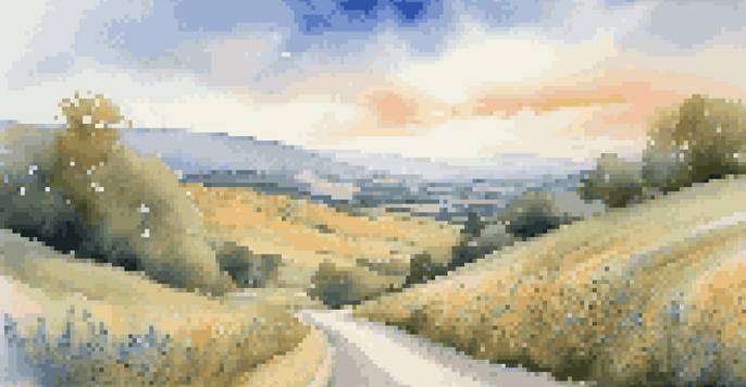 A winding road through a beautiful countryside with rolling hills and colorful wildflowers under a bright blue sky.