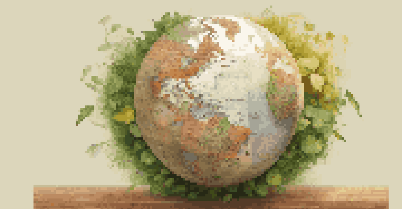 A globe made of currency notes surrounded by small plants, symbolizing investment growth.