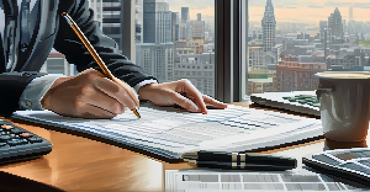 Close-up of hands reviewing financial documents with a calculator and a coffee cup, set in an office with city views in the background.