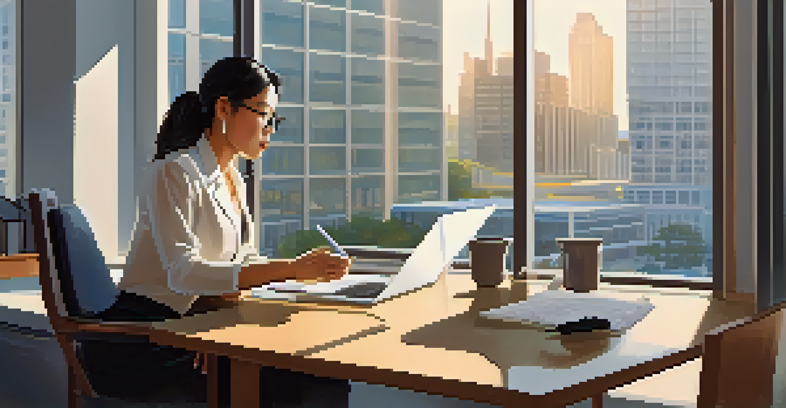 A financial analyst working intently on data analysis with a laptop and financial reports in a modern office.