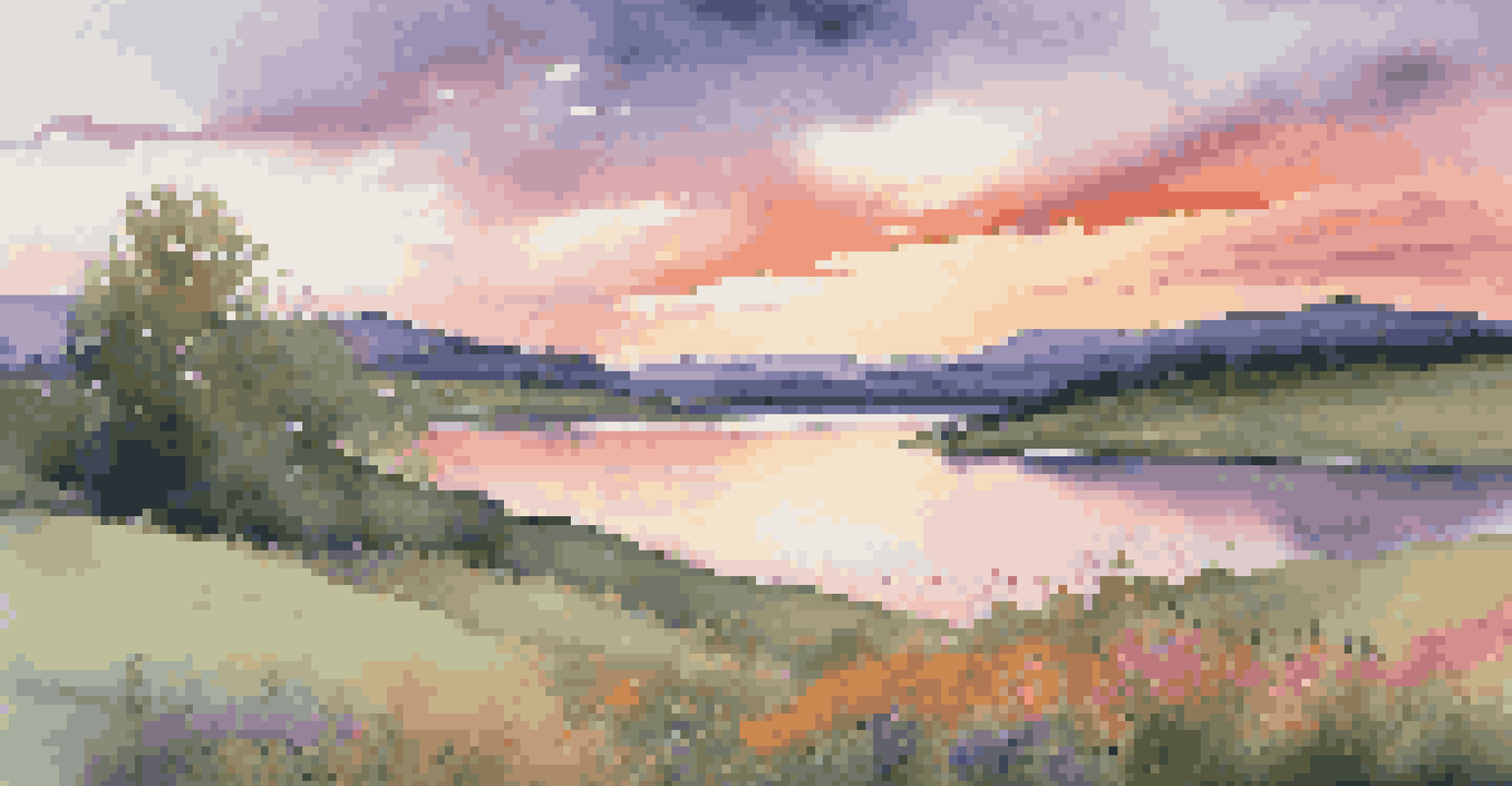 A tranquil lake at sunset with colorful reflections and blooming wildflowers in the foreground.
