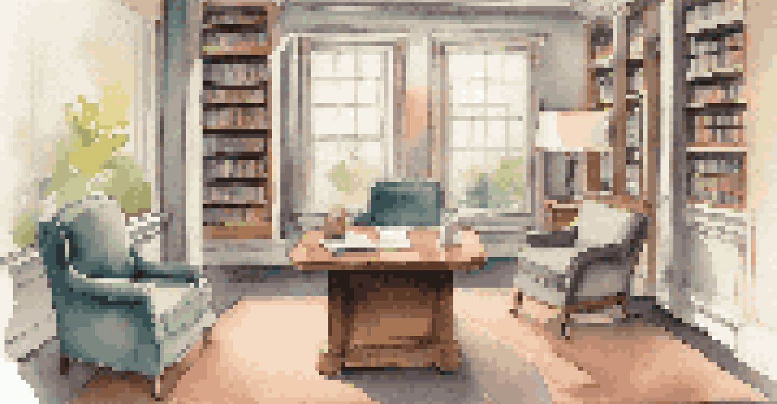 A consultation room with two chairs and a table, equipped with a notepad and a laptop, surrounded by financial books.