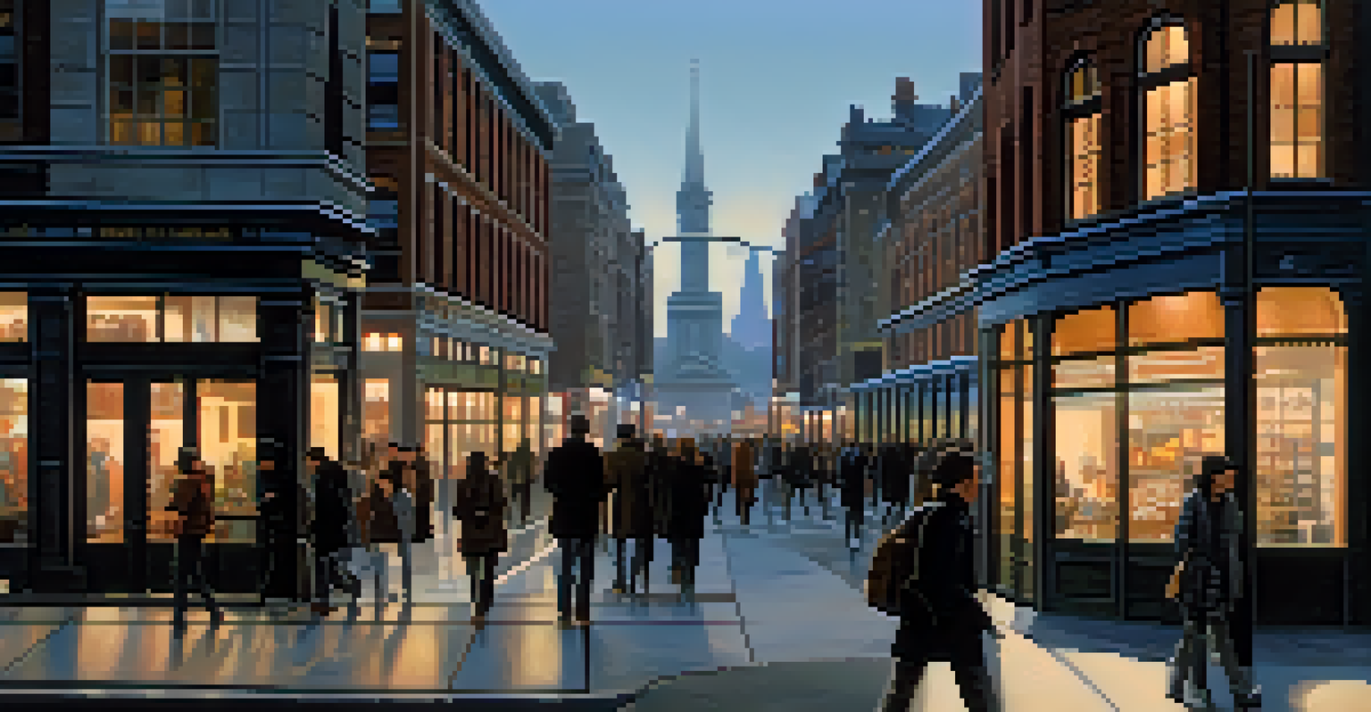 A vibrant city street at twilight filled with people and illuminated by streetlights and shop windows.