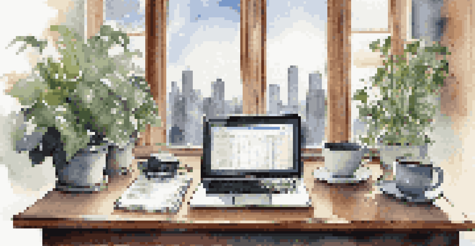 An office desk with a laptop showing financial graphs, a notepad, and a cup of coffee, with a city view outside the window.