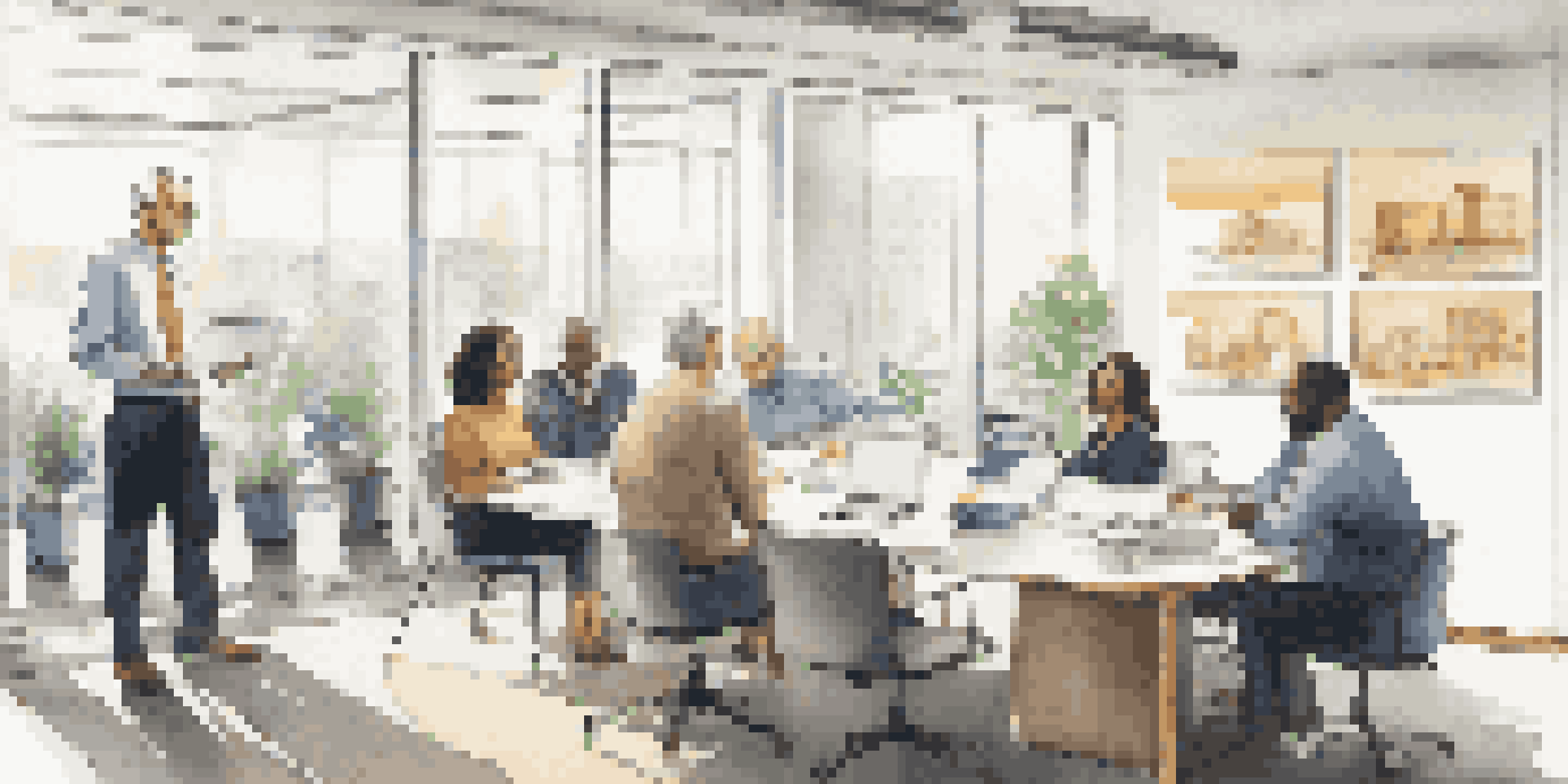 A group of diverse employees in a bright office discussing pension plans, with a laptop open showing retirement savings graphs.
