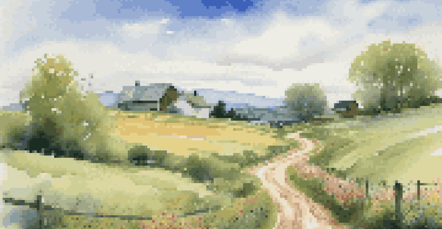 A peaceful countryside scene in spring with green hills, wildflowers, and a rustic farmhouse under a blue sky.