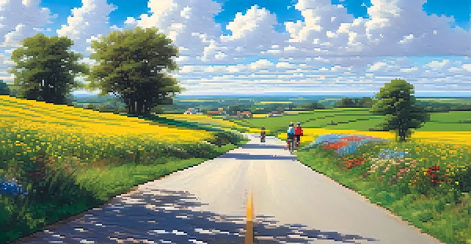 A family biking on a scenic road with green fields and flowers under a blue sky.