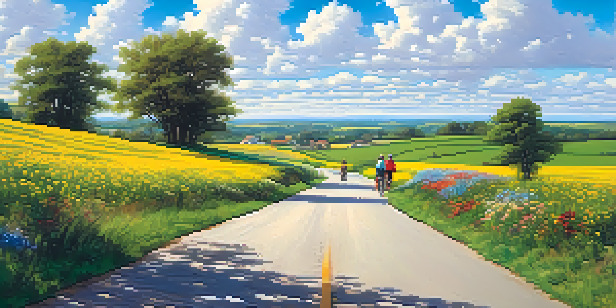 A family biking on a scenic road with green fields and flowers under a blue sky.