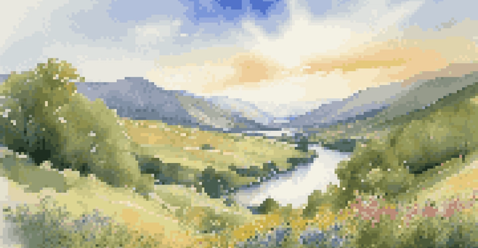 A vibrant green valley with wildflowers and a winding river under a blue sky with clouds.