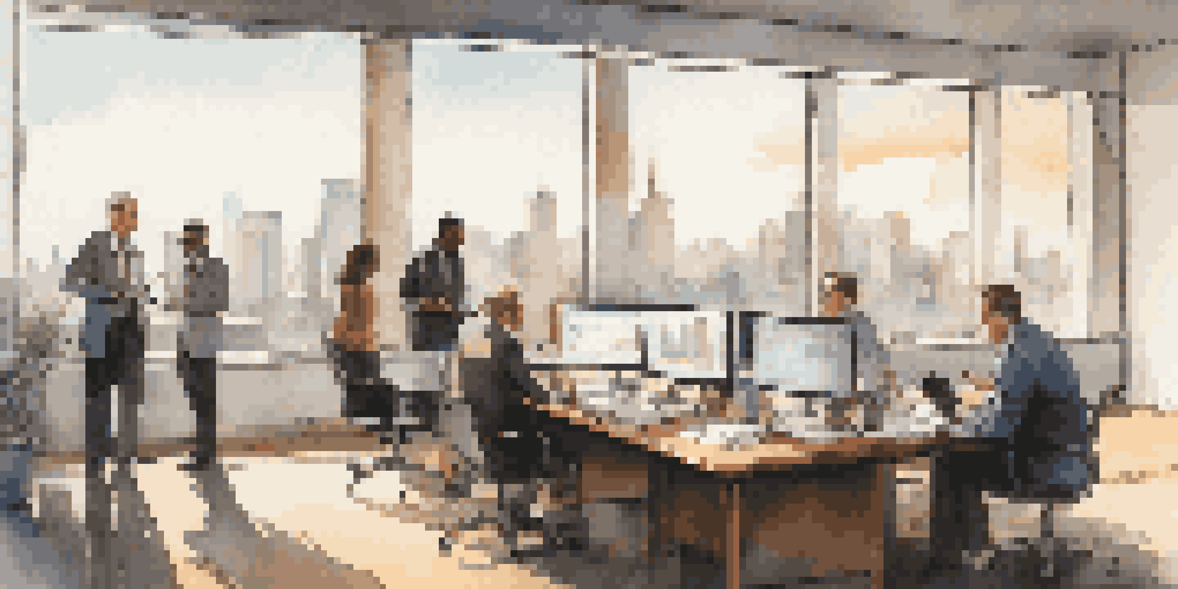A diverse group of professionals in an office analyzing economic reports, with a cityscape view through the window.