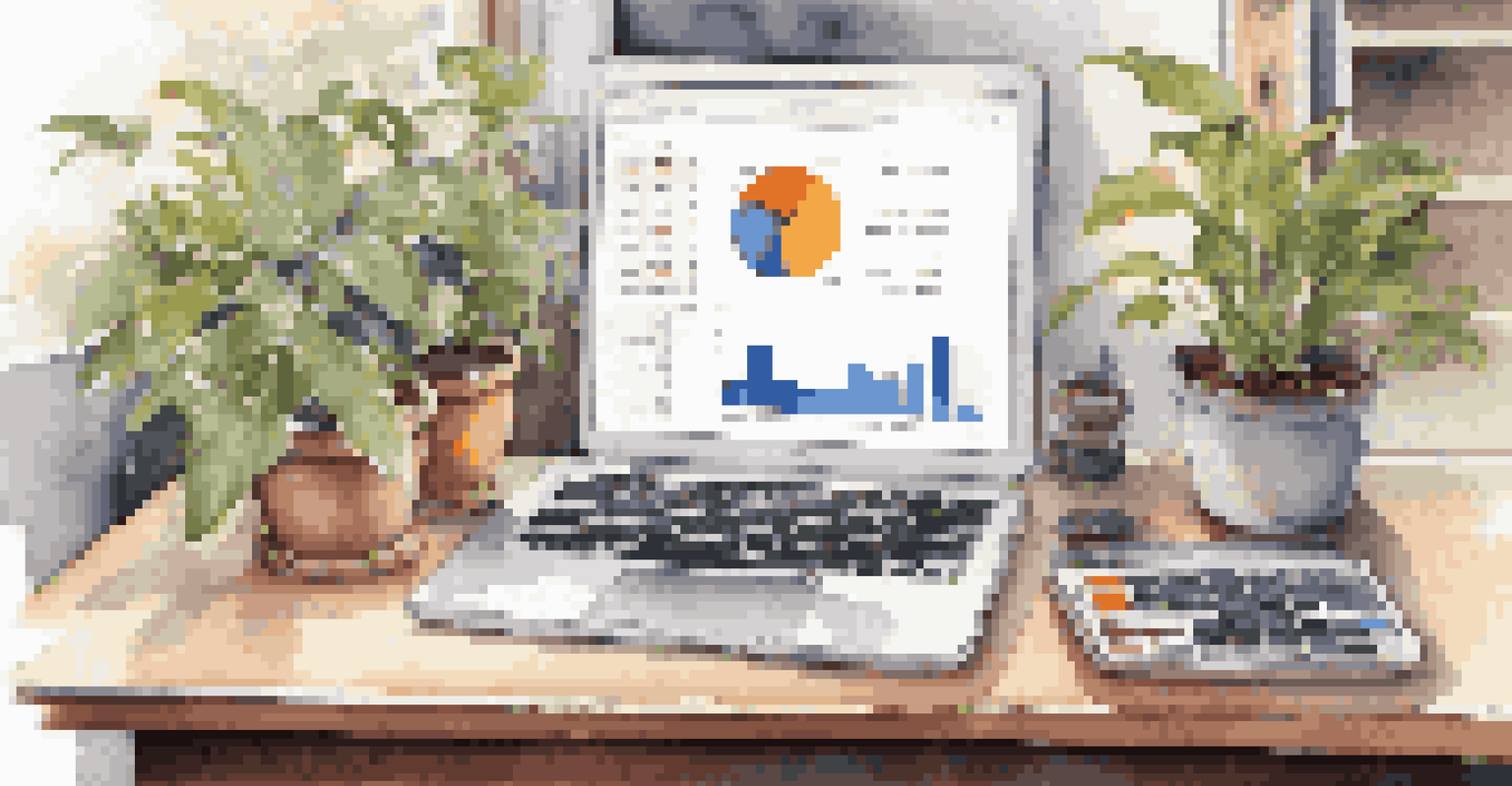 A workspace with financial reports, a laptop showing market indicators, and a plant, illuminated by natural sunlight.