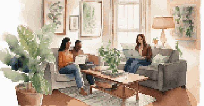 Two individuals sitting on a sofa in a cozy living room, discussing finances with a laptop and documents on the coffee table.