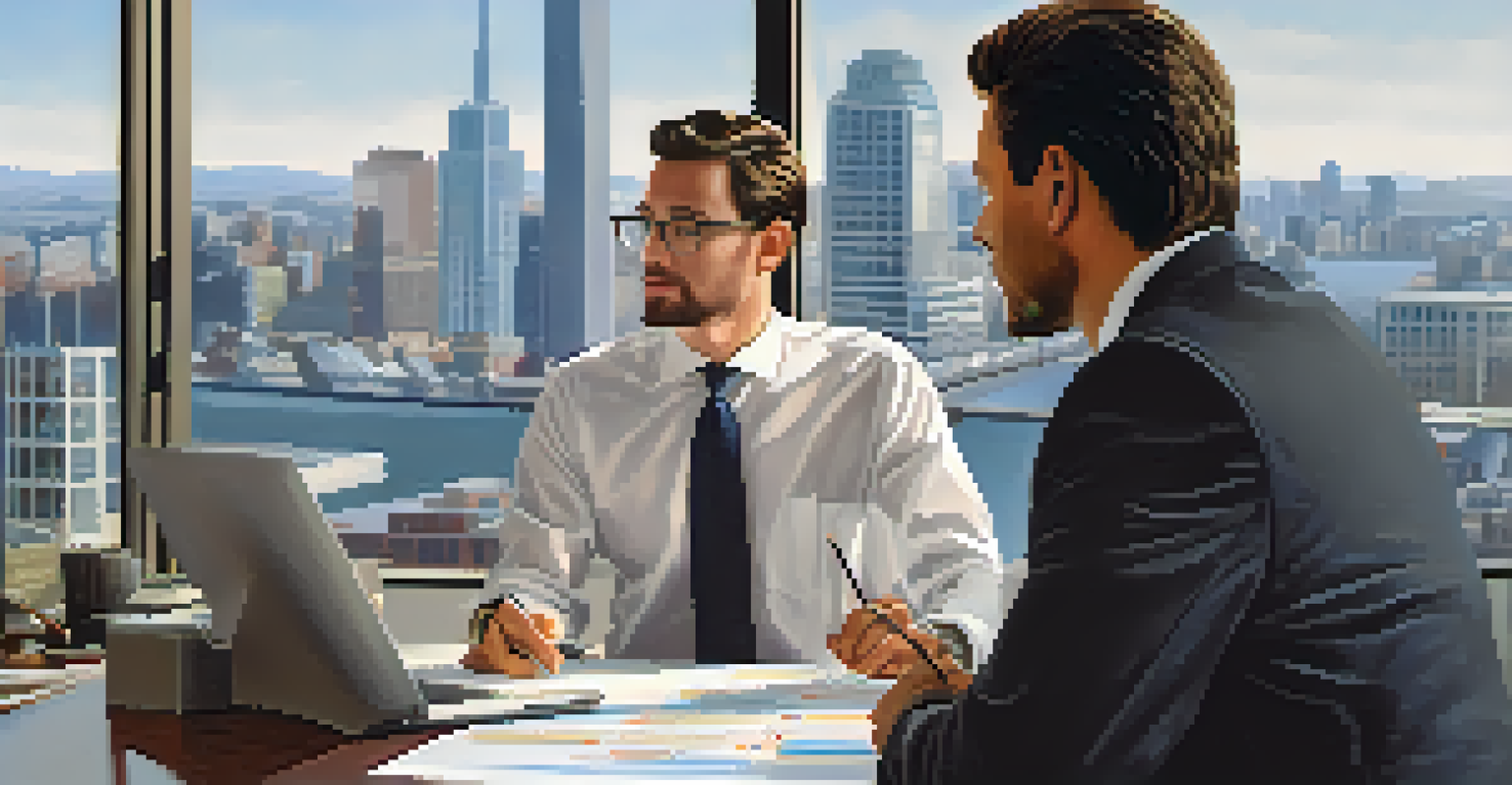 A tax advisor discussing financial documents with a business owner in an office setting.