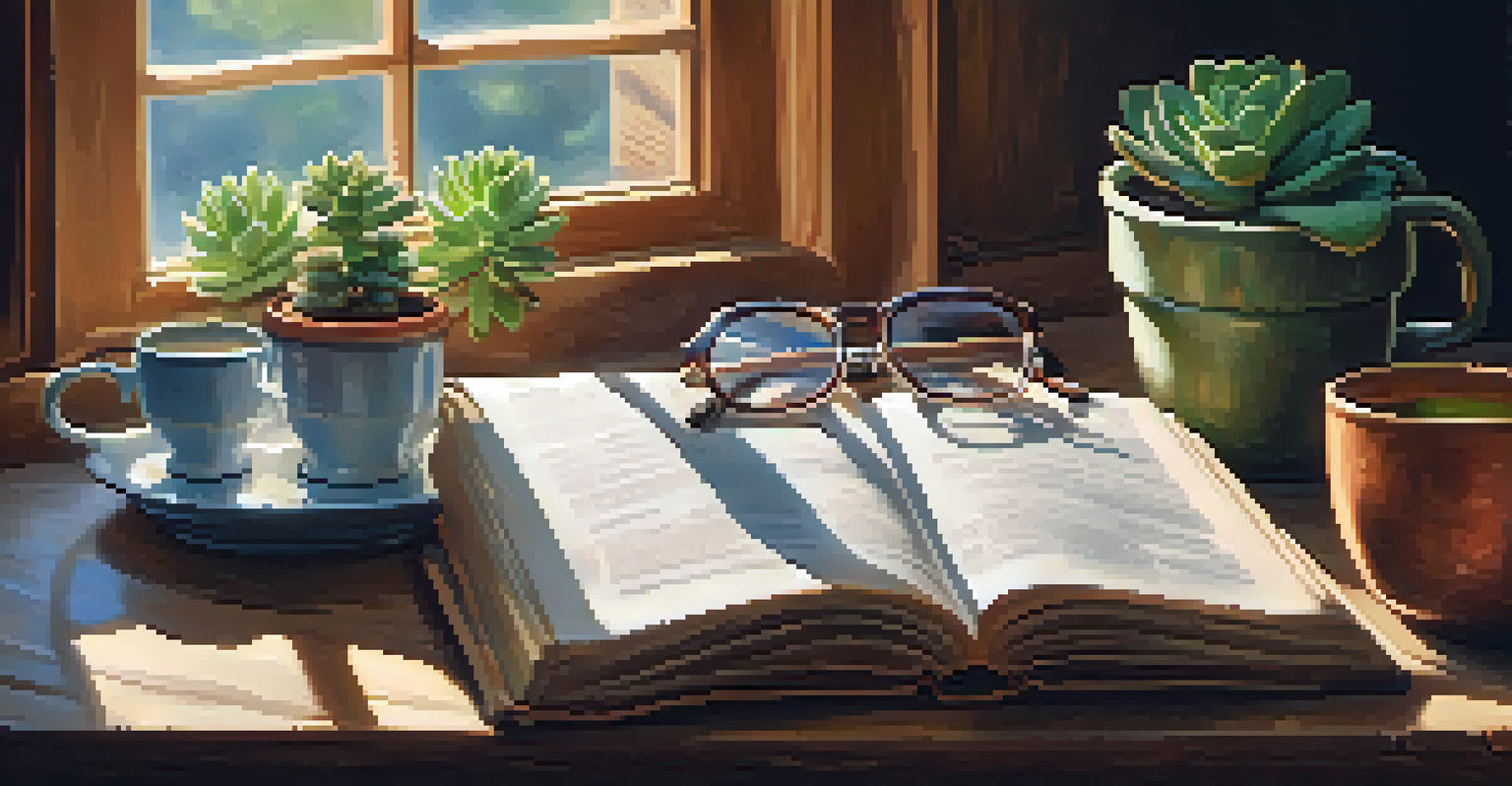 An open financial literacy book with reading glasses, tea, and a succulent on a rustic table, illuminated by warm light.