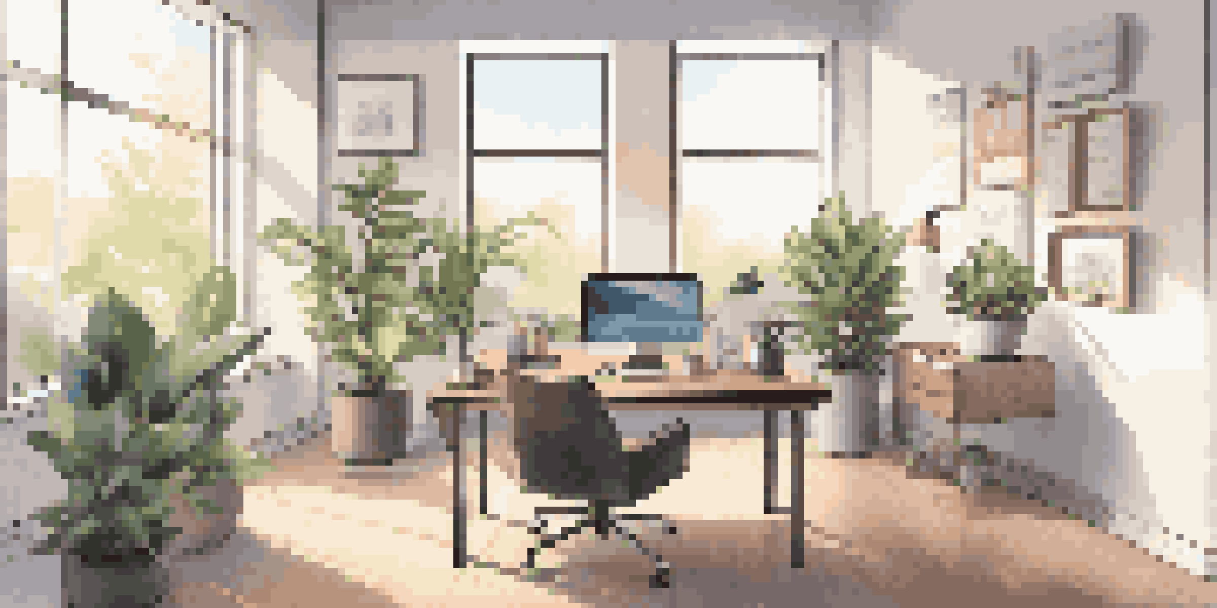 A bright and modern office setup with a laptop, financial documents, and a coffee cup on a desk, surrounded by plants and motivational posters.