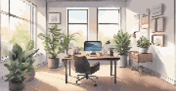 A bright and modern office setup with a laptop, financial documents, and a coffee cup on a desk, surrounded by plants and motivational posters.