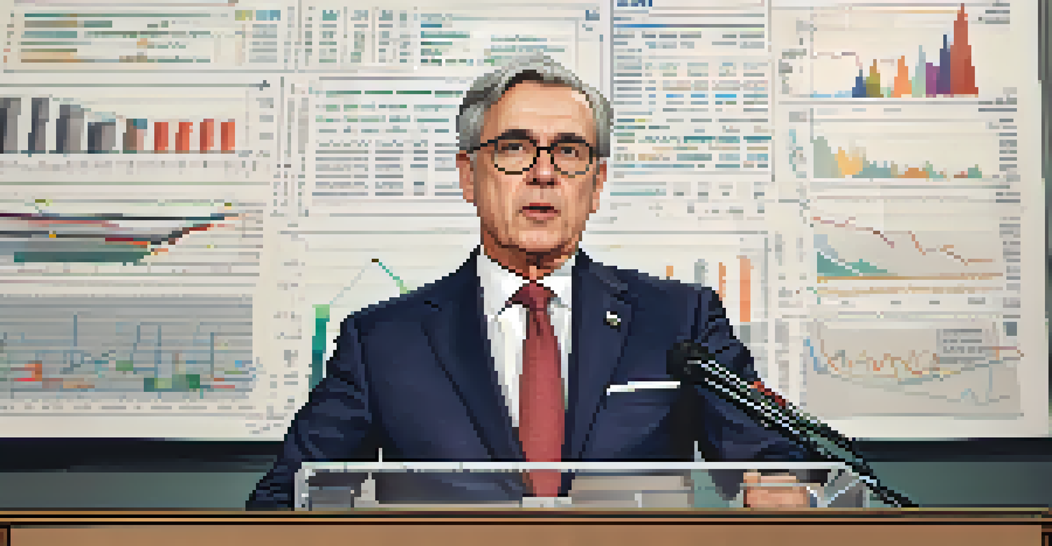 A central bank governor at a press conference with charts in the background and journalists in the foreground.