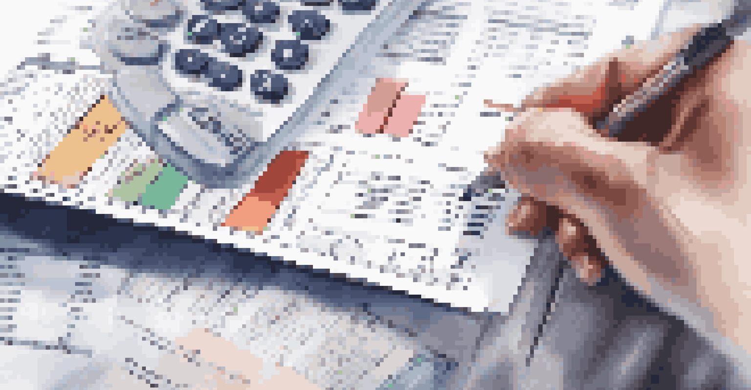 Hands holding a calculator and a financial planning document with graphs, emphasizing financial planning.