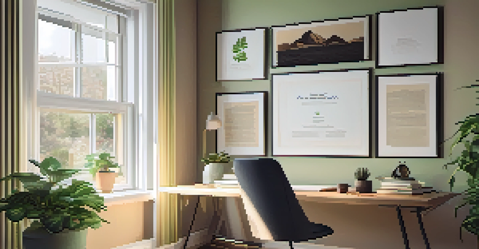 A cozy home office with a laptop, investment books, and a chart on the wall showing portfolio growth.