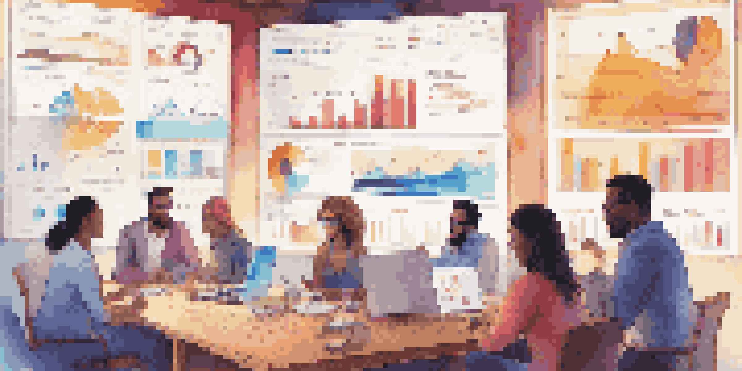 A diverse group of people discussing investment strategies around a table with a vibrant social media dashboard on a screen.