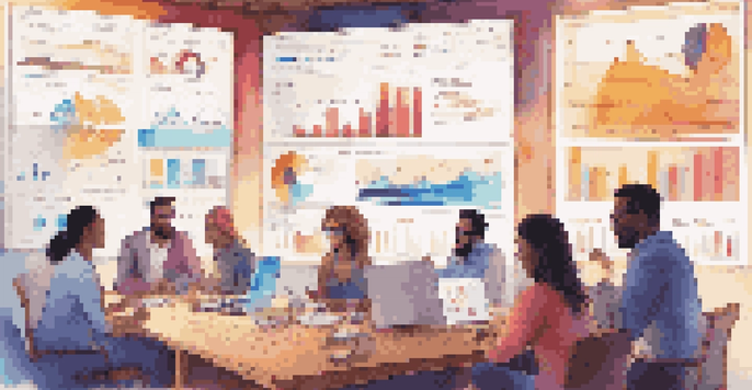 A diverse group of people discussing investment strategies around a table with a vibrant social media dashboard on a screen.