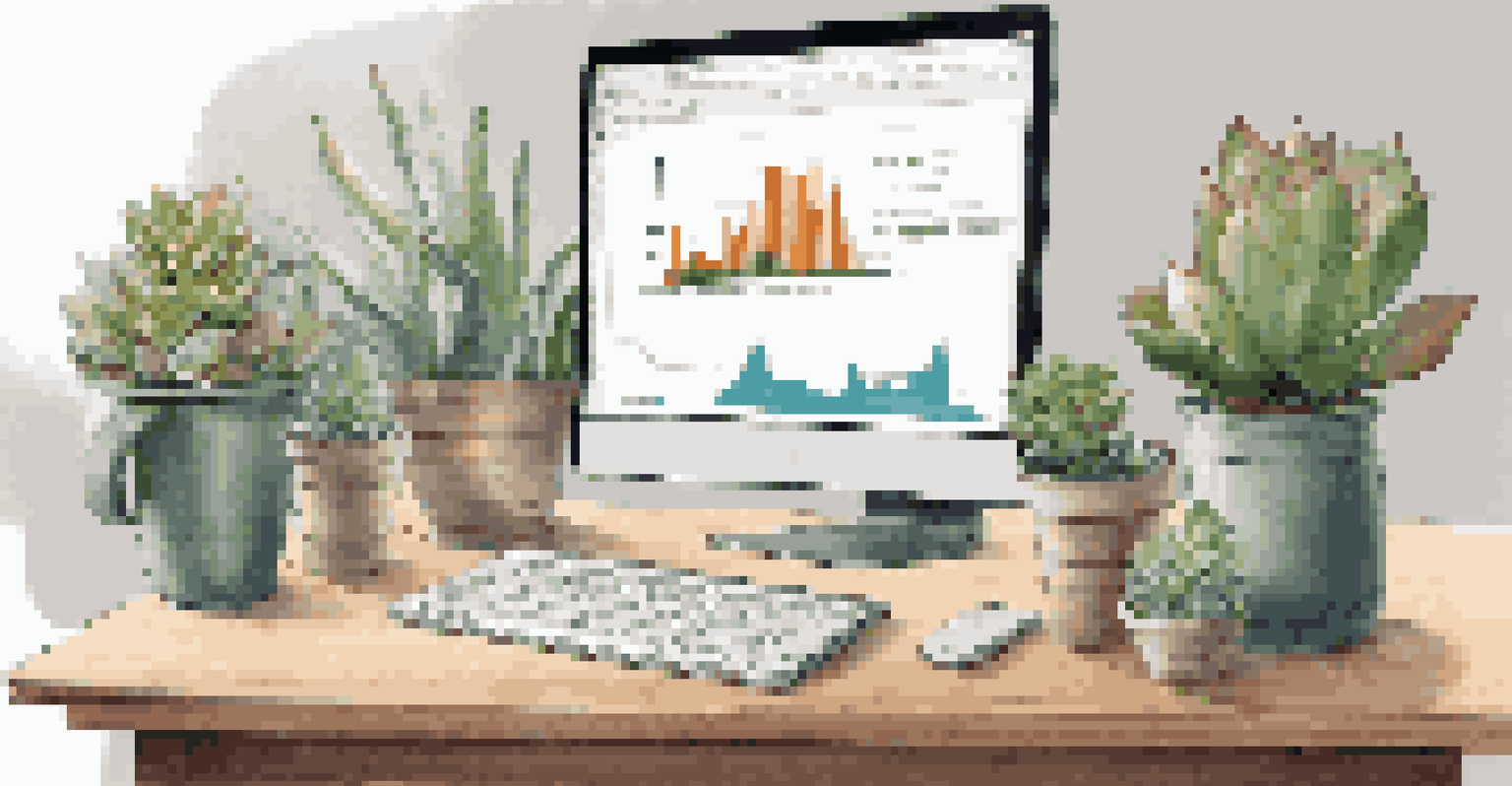 A tidy desk with a computer showing investment trends, a notepad, coffee cup, and a plant, all in a bright and inviting workspace.