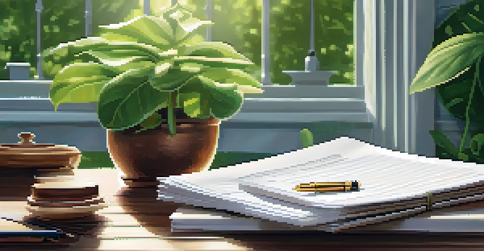 A wooden table with estate planning documents and a fountain pen in a green garden.